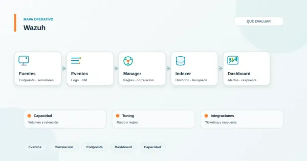 Dashboard de seguridad con gráficos y escudo, representando monitoreo con Wazuh