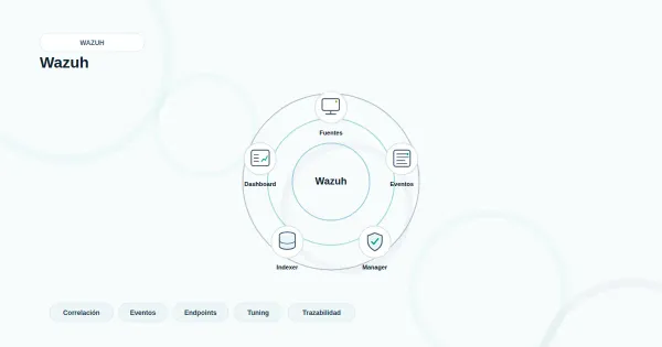 Diagrama minimalista de Wazuh como capa SIEM con fuentes de eventos conectadas a un nodo central de correlación