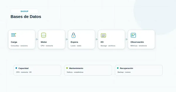 Diagrama de capas de una transacción: aplicación, red, middleware, base de datos y almacenamiento con señales de diagnóstico