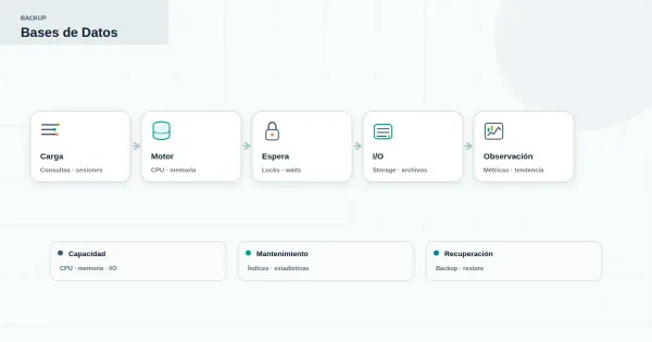 Diagrama de capas aplicación, red, sistema operativo y base de datos con puntos de medición para diagnóstico de lentitud