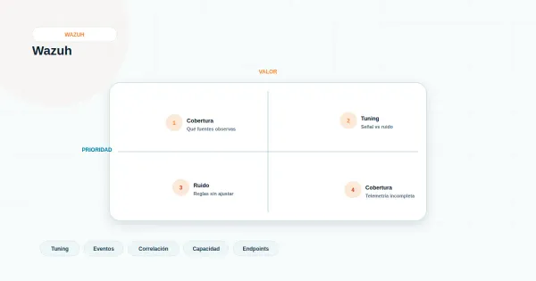 Diagrama minimalista que muestra alertas acumuladas y cómo se distinguen las relevantes en el tuning de Wazuh